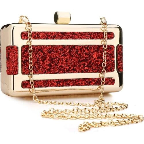 2019 Sequined Box Clutch Bags Women Fashion Luxury Chain Sgoulder Bags Evening Party Clutches Elegant Red Rhinestone Purse Bag