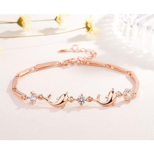 Korea Cute Rose Gold Plated Crystal Dolphin Bracelet Bangle AAA Cubic Zirconia Chain Bracelet Daily Jewelry Lovers Gift