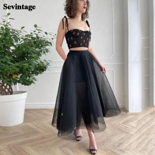 Sevintage Black Colorful Crystal 2 Pieces Short Prom Dresses Spaghetti Strap Tea-Length Evening Dresses 2021 Formal Party Gowns