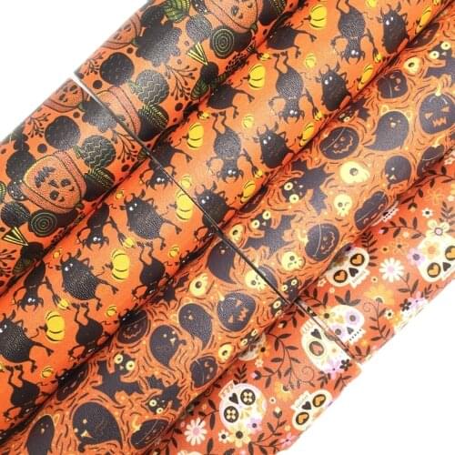 Onefly Wholesales Dropshipping Leather Supplier Halloween Orange Pumpkins Printed Faux Leather Sheets For Bow DIY FZ159A