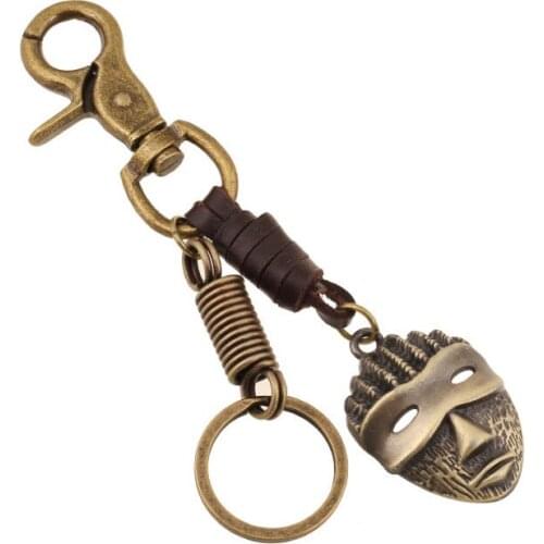 Fashion Vintage Mask Keychain Retro Alloy Ring Pendant Weave Leather Men Women Bag Accessories Car Key Chain Casual Punk Jewelry