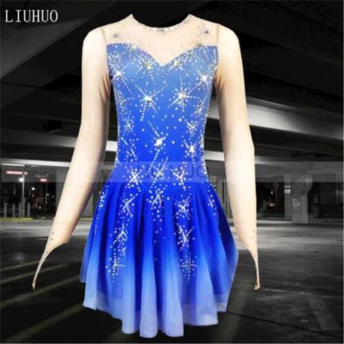 LIUHUO Kids Teens Roller Figure Skating Dress Womens Girls' Ice Performance Blue Professional Competition Leotard Long Sleeves