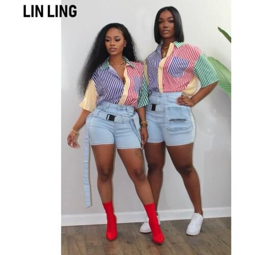 LINLING Womens V Neck Striped Roll Up Sleeve Button Down Blouses Tops Multicolor Stripe Printing Women Shirt