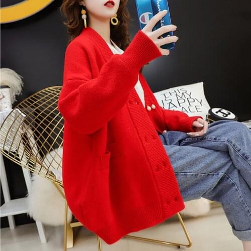 Plus Size Red Cardigan Sweater Autumn 2021 Korean Loose Double Breasted Pearl Buttons Women Knit Sweaters Coat Warm Jersey Mujer