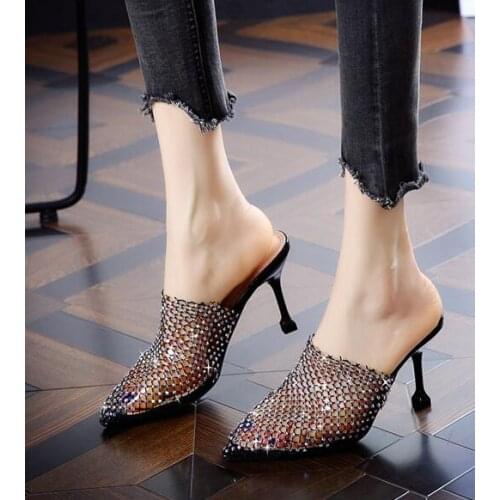 Luxury Bling Bling Crystal High Heel Mules Peep Toe Black Silver Mesh See Throught Low Heels Sandals Summer Dress Shoes