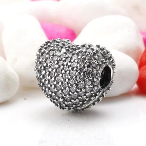 925 Sterling Silver Open My Heart Clip Charm with Clear CZ Lock Charms Fit Pandora Bracelet DIY Jewelry Making Gift