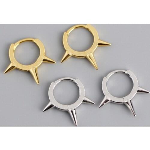 100%Real 925 Sterling silver Spike Small Hoop Earrings Punk Style Huggie Hoops for Women Girls