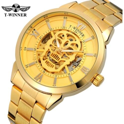 T-WINNER Mens Watch Skeleton Skull Automatic Antique Full Gold Black Stainless Steel Hot Sale Relojes Transparent Wristwatches