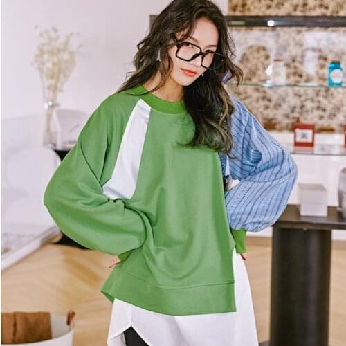 New Spring And Autumn Womens Hoodie Fashion Loose Fake Two-piece Round Neck Pullover Outdoor Leisure Sports Long Sleeve Top