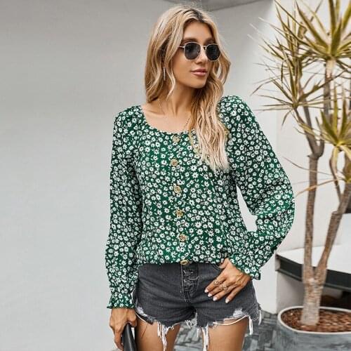 Spring Casual Loose Floral blouse Women Long Sleeve Elegant Square Collar Womens Top Fashion Woman Buttons Harajuku Top Crop