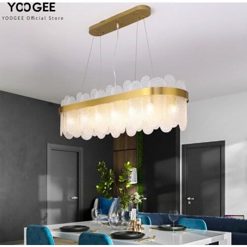 YOOGEE Modern Gold Chandelier LED Living room Rectangle Glass Indoor Lighting Matte White Led Chandeliers for Home Hang Lamp