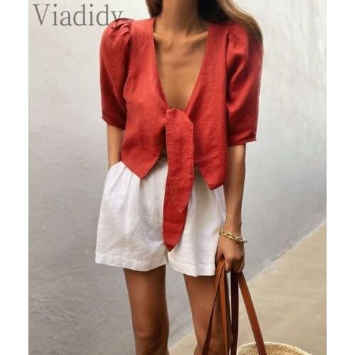 Women Casual Solid Color Puff Sleeve Deep V Neck Shirt