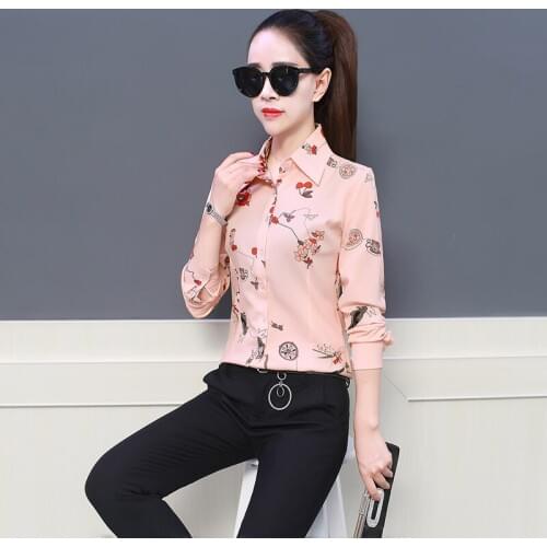 Office Wear Women Summer Chiffon Blouses Shirts Lady Girls Casual O-Neck Cherry Print Long Sleeve Tops Shirts Blusas DF1953