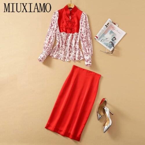 MIUXIMAO Best Quality 2020 Office Lady Fall Twinset Elegant Full Sleeve Red Flower Print Top +Red Suits Women Vestido