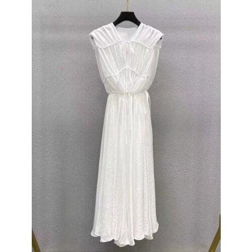 Women Long White Dress Autumn 2021 Boho Retro V-Neck Sleeveless Party Night Draped Runway Vestidos Korean