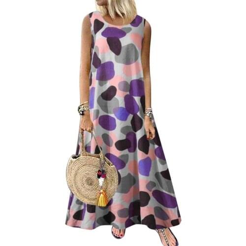 Women Dresses Casual Summer Round Neck Sleeveless Printed Retro Ethnic Beach Long Dress 2021 платье летнее
