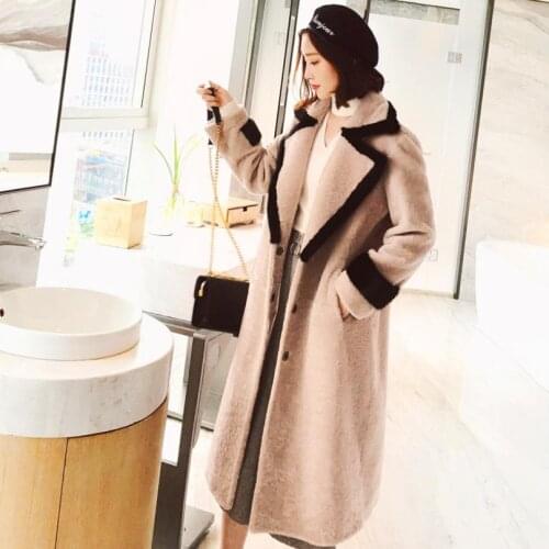 Winter women fur coat long large size imitation sheep shearing fur coat patchwork faux mink fur turn-down collar outwear L1615