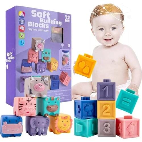 12pcs Baby Soft Rubber Building Blocks 3D Cartoon Animal Hanging Ball Baby Massage Rubber Teether Educational Squeeze Toys