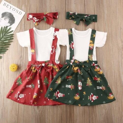 Toddler Kids Baby Girls Christmas Clothes Tops Tutu Strap Skirt Dress Outfits Short Sleeve White T-shirt With Headband 3pcs Set