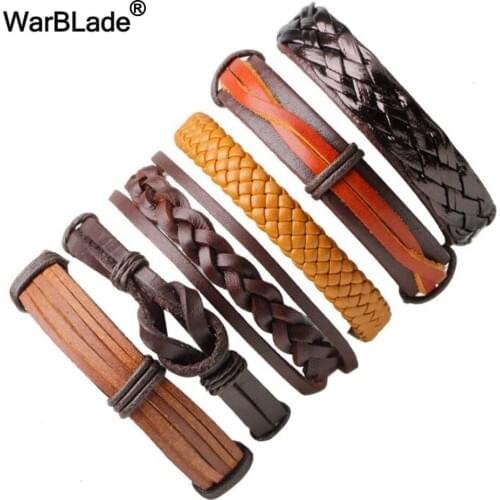 2018 New 3-6PCs/set Real Leather Bracelet Men Vintage Multilayer Braid Wrap Bracelets Bangles for Women Wristband Drop shipping