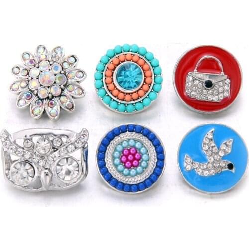 Boom Life 10pcs/lot Mixed Rhinestone Flower Style Metal Charms 18mm 20mm Snap Button Jewelry For Snaps Bracelet DIY Snap Jewelry