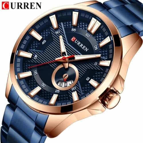 CURREN Top Brand Luxury Watches Men Stainless Steel Waterproof Watch Sport Quartz Mens WristWatch Blue Clock relogio masculino