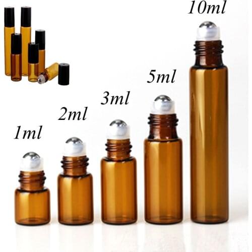 50pcs/lot 1ml 2ml 3ml 5ml 10ml Amber Thin Glass Roll on Bottle Sample Test Essential Oil Vials with Roller Metal /Glass Ball