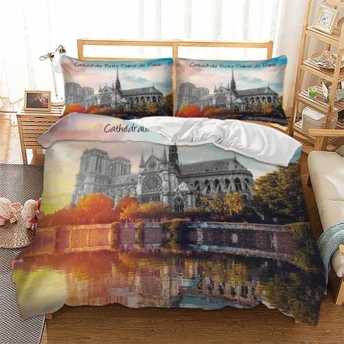 3D France Notre Dame de Paris Bedding Set Sunset Night View Bed Set Romantic Scenery Heart Print Quilt Cover Soft Home Textiles