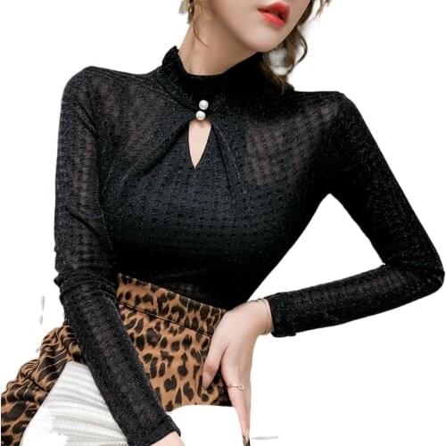 Summer Elastic Shiny Clothes DA Houndstooth T-Shirt Sexy Hollow Out Women Tops Spring Casual Ropa Mujer Bottoming Shirt Slim Tee