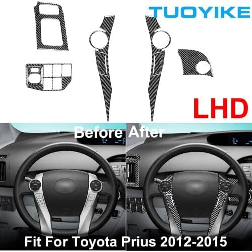 LHD RHD Real Carbon Fiber Steering Wheel Trim Cover AC Vent Grille Headlight Engine Start Stop Sticker For Toyota Prius 2012-15