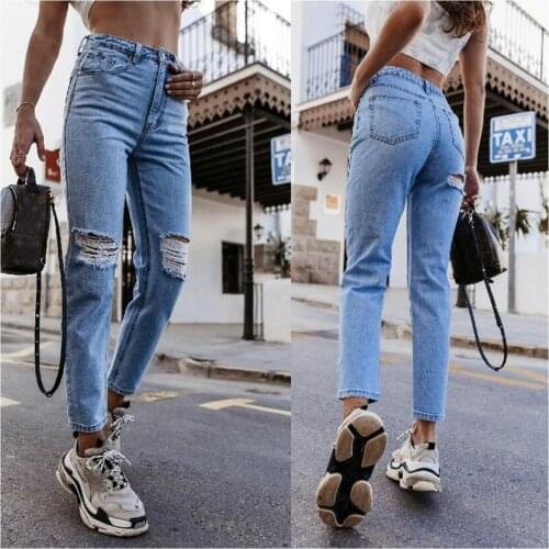 Fashion Elastic Pencil Frayed Elasticity Pants Blue Wear-Resistant Cheap Sales 2021 Women Denim Hole Pants Slim Jeans Female