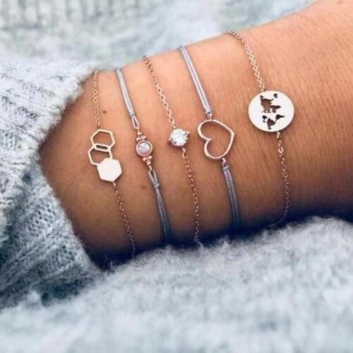5 Pcs/Set Fashion Bracelet Hollow Rhineston Geometry Love Earth Map Bangles For Women Jewellery Wedding Beach Party Friends Gift