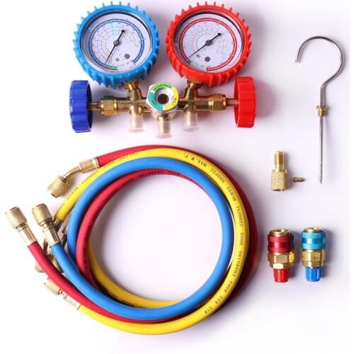 A Set A/C Manifold Gauge Refrigeration Air Conditioning Tool for R12 R22 R502 R134a with 3pcs Charging Hoses