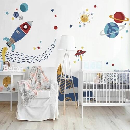 Custom Mural Painting 3D Hand Painted Cartoon Space Rocket Fresco Children Room Bedroom Background Wallpaper Murals Home Decor