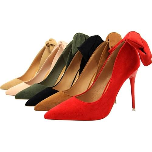 European and American style super high heel thin heel simple suede shallow mouth point with bow knot single shoes high heels