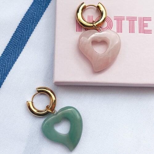 Boho wedding gifts jewelry Statement natural stone dangle earring stainless steel hoop heart MISMATCHED earrings for women 2020