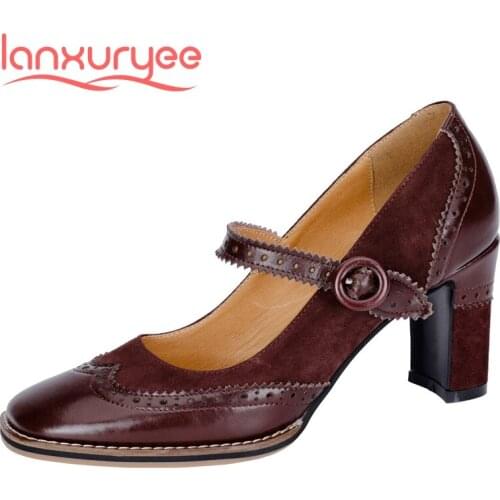 Lanxuryee retro fashion genuine leather patchwork carving square toe thick high heel buckle straps noble mature women pumps L2f3
