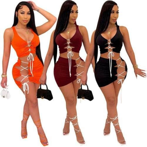 Adogirl Bandage Women 2 Piece Set Solid Crop Tank Top Bodycon Hollow Out Mini Skirt Sexy Night Club Party Vestidos Activewear