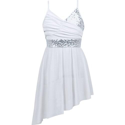 Kids Girl Ballet Dance Dresses Dancewear Spaghetti Shoulder Straps V-Neck Sequined Irregular Hem Latin Costume Performance Dress