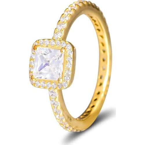 100% 925 Sterling-Silver-Jewelry Golden Timeless Elegance Square Rings with Clear Crystal Free Shipping
