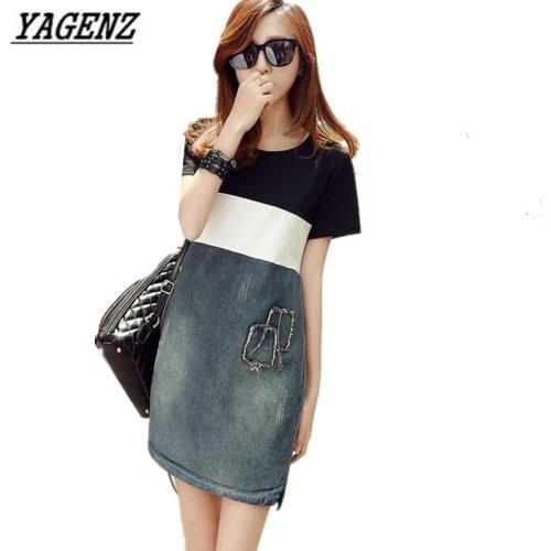 YAGENZ Ladies Denim Dress 2020 Spring and Summer Casual Short-sleeved Cotton Jeans Loose Stitching Denim Dress Women Plus size