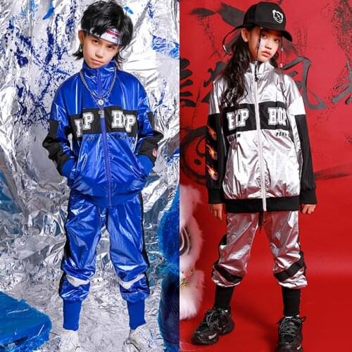 Child Hip Hop Costume For Girl Clothes Silver Tops Pants Hip Hop Boys Blue Suit Long Sleeves Performance Clothing Kids Wear 3627