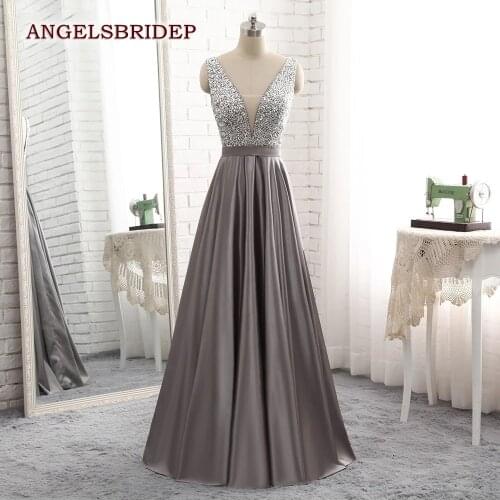 Luxury Long A-line Evening Dresses Sexy Gray Satin Beaded Vestido De Festa Cheap V-Neck Vestidos de festa Party Gown