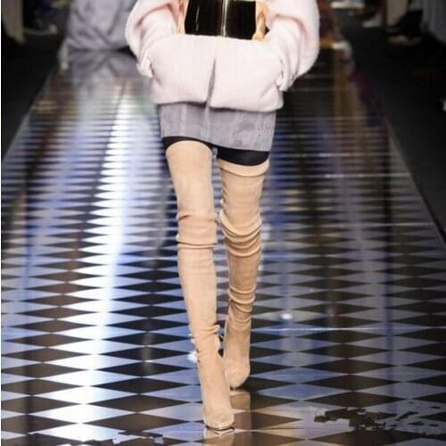 Hot Selling Beige Suede Over The Knee Tight High Boots Women Pointed Toe Slim Fit Stretch Winter Long Boots Zipper Shoes