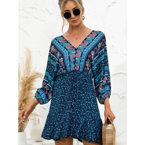 Lantern Sleeve Over The Knee Sweet Femme Mini Robe A-line Bohemian Floral Dress Lace-up Backless Elegant Female Summer Dress