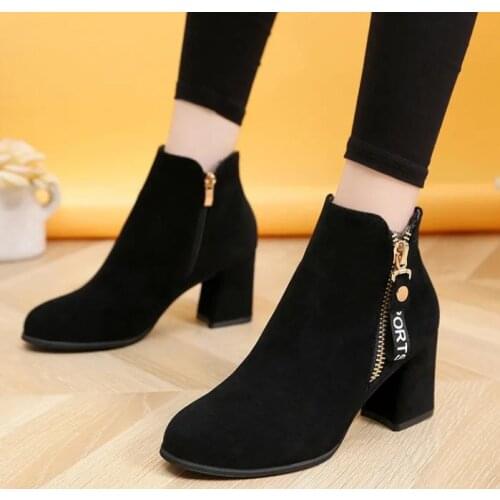 Fashion Female Short Boots High Heel Boots Female Side Zipper Leather Boot Pumps Ankle BootsShort boots thick heel mid-heel boot