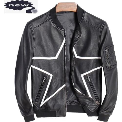 New Men Genuine Leather Jacket Stand Collar Zipper Pockets Baseball Uniform Slim Fit Plus Size 5XL Real Sheepskin Coat