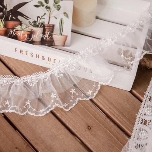 Null 1 Yard Pleated Gathered Mesh Lace Ruffle Trim Ribbon Tassel Imitation Pearl Beading Applique Wedding Bridal Dress DIY