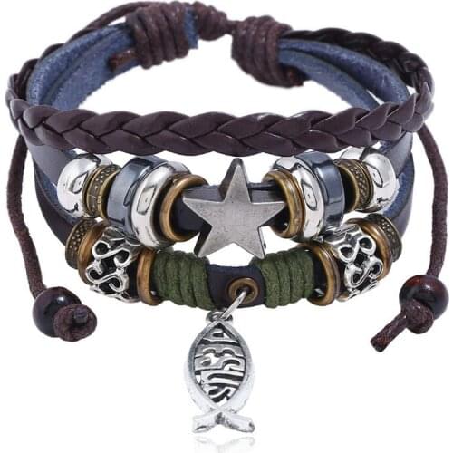 Vitange Retro Star Beads Charms Bracelet Weave Cuff Leather Jesus Fish Wrap Bangle Unisex Casual Wristbands Fashion Jewelry Gift