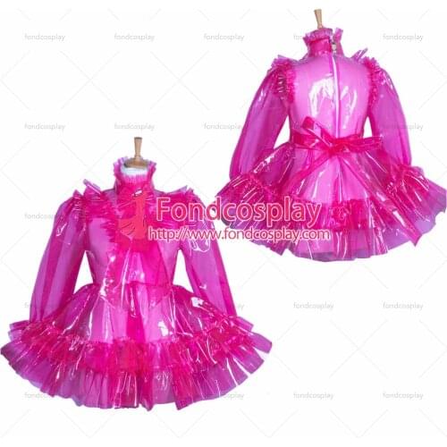 Clear PVC Lockable EVA Plastic sissy maid hotpink dress CD/TV Tailor-Made[G3852]